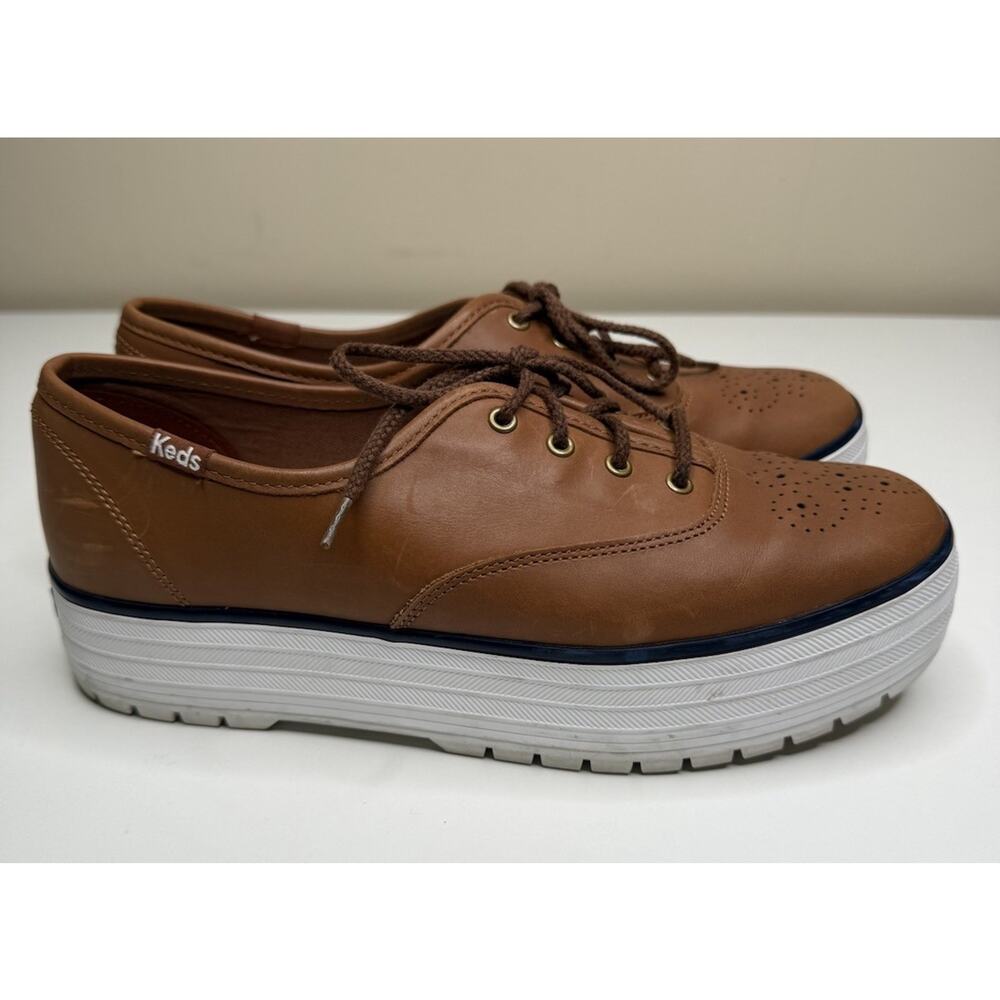 Keds Broguing Platform Sneaker Womens 8 Brown Leather Low Lace Up WH67636 Preppy